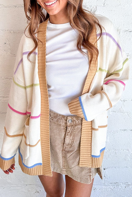 Women White Color Block Striped Cardigan With Pocket