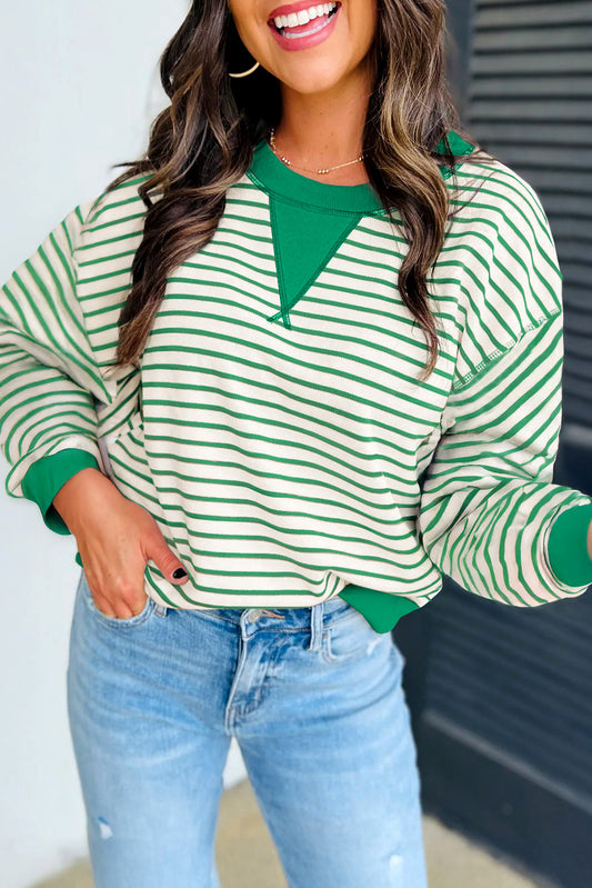 Women Bright Green Striped Loose Pullover Top